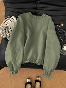 SHEIN Frenchy Blusa de manga larga con volantes de unicolor para mujer - Verde - Ver 2