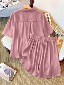 CURVE Conjunto de 2 piezas de camisa y pantalones cortos de aspecto vaquero minimalista casual de primavera temprana para mujer de talla grande - Rosa - Ver 2