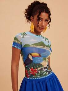 Travachic Women's Fitted Knit Mesh Printed Short Sleeve Round Neck Top, Suitable For Spring/Summer Vacation,Summer Top - Multicolor - View 6