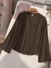 Modelyn Plus Size Women's Solid Color Cuffed Sleeve Pleated Design Casual Shirt - Coffee Brown - View 4
