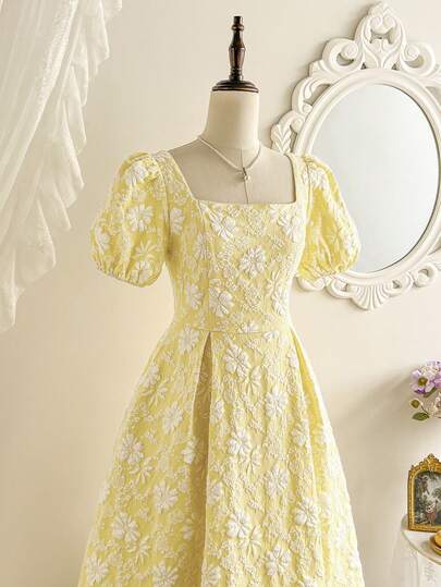 Vintamour Vintage Classic Elegant Women's Dress, Spring/Summer Fitted Jacquard Dress, Square Collar Dress, Pale Yellow Short Sleeve Dress, Flared Hem Dress