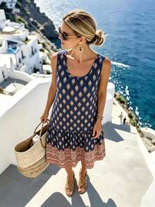 SHEIN Holidaya Women's Vacation Floral Print Ruffle Hem Sleeveless Dress - Navy Blue - View 4