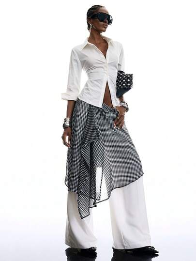 LYSMO 2026 New Arrive Minimalism Spring/Summer Women's Casual Plaid Asymmetric Hem Skirt, Summer