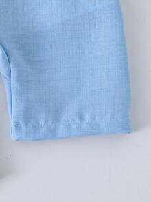 SHEIN Playful Pals 2件組男嬰波羅領短袖襯衫配刺繡動物圖案與短褲套裝，藍白條紋，夏季休閒家庭穿搭度假款 - 彩色 - 查看 4