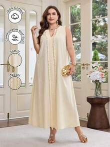 Al Najma Đầm nữ thanh lịch kiểu Pháp, dáng rộng, không tay, có tua rua, thích hợp cho kỳ nghỉ, mang lại cảm giác mát mẻ. - Màu be - Xem 1