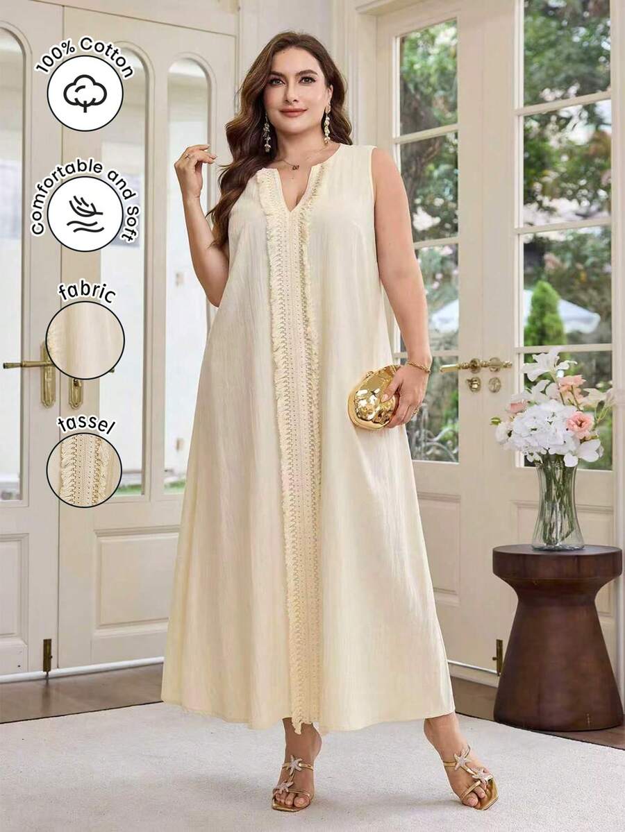 Al Najma Đầm nữ thanh lịch kiểu Pháp, dáng rộng, không tay, có tua rua, thích hợp cho kỳ nghỉ, mang lại cảm giác mát mẻ. - Màu be - Xem 1