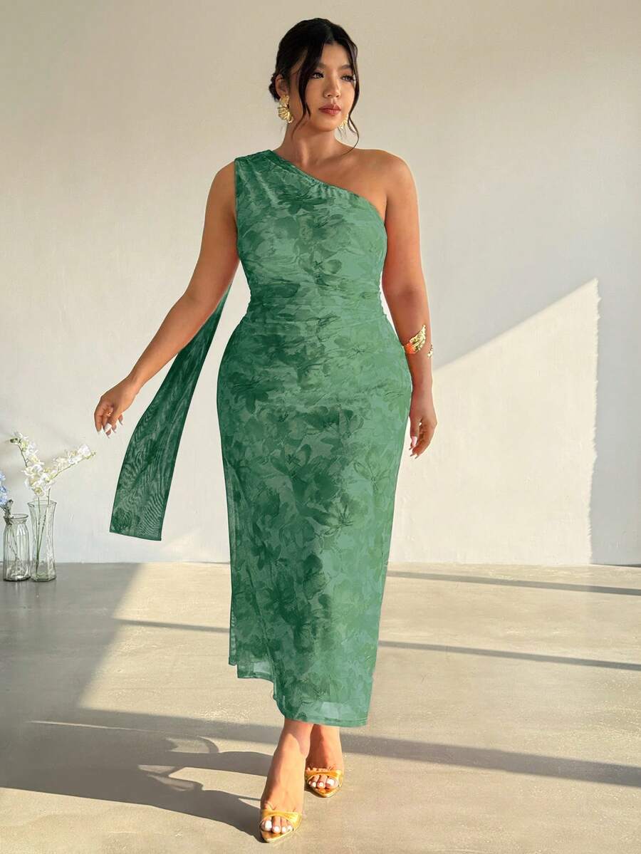 Firerie Plus Size Women's Sage Green Summer Elegant Wedding Guest Asymmetrical Shoulder Bodycon Maxi Dress, Fashion Party Beach Vacation Outfit - Green - View 1