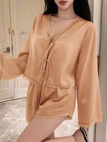 DAZY Set Piyama Wanita 2 Potong: Atasan Camisole Satin dengan Hiasan Renda dan Celana Pendek Super Pendek - Unta - View 5