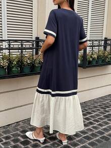DAZY Contrast Color Patchwork Round Neck Casual Loose Maternity Long Dress With Short Sleeves, Spring/Summer Sun Dresses For Women - Navy Blue - View 2