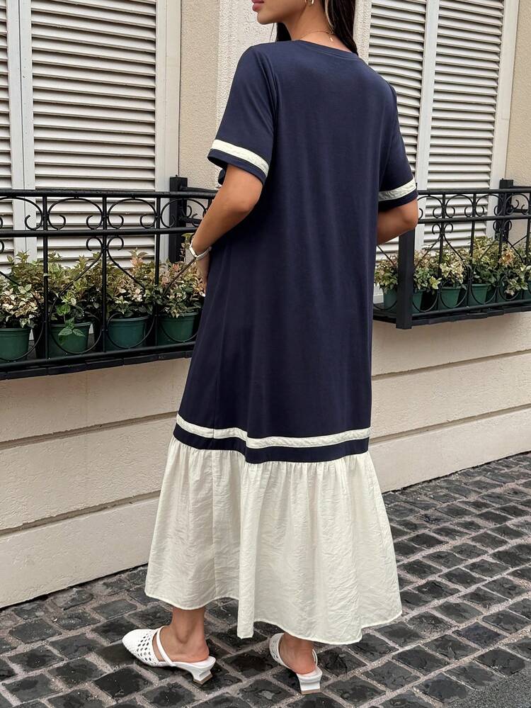 Contrast Color Patchwork Round Neck Casual Loose Maternity Long Dress With Short Sleeves, Spring/Summer Sun Dresses For Women