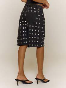 MUSERA Low Rise Mirrored Disc Wide Leg Denim Jorts Sexy Spring Summer Evening Cute Elegant Date Night Festival Vacation Ibiza Club - Black - View 4