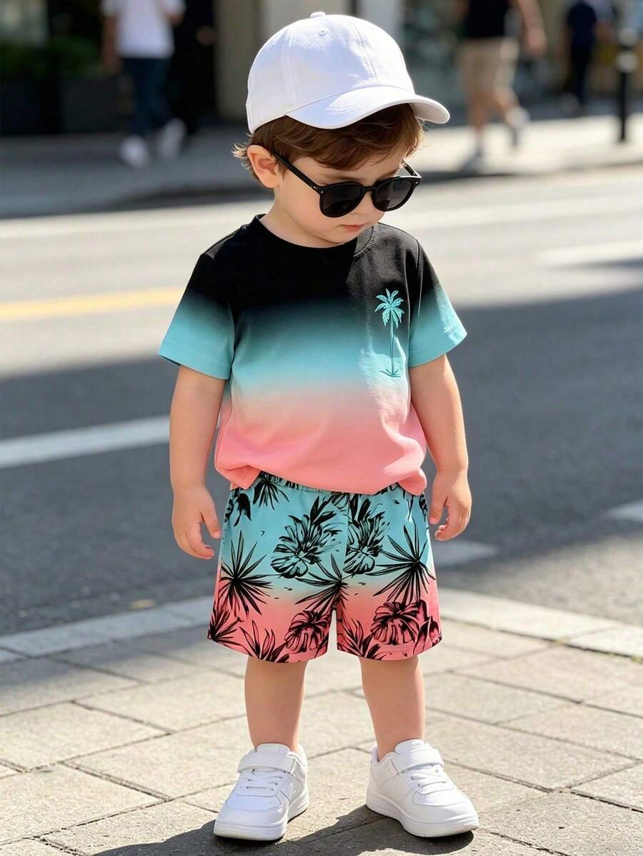 SHEIN Playful Pals 男婴两件套休闲渐变印花针织圆领T恤和配套短裤,适合春夏季节、居家休闲、户外活动、上学和度假穿着。 - 彩色 - 查看 1