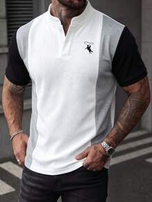 Manfinity Homme 男士對比色 Polo 衫，夏季休閒高爾夫開學穿搭，印花立領設計，柔軟面料，正式風格 - 彩色 - View 3
