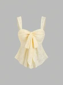 Sweetra New Spring/Summer Wide Strap Bow Textured Fabric Top, Sweet & Fashionable, Suitable For Daily Wear - Yellow - View 4