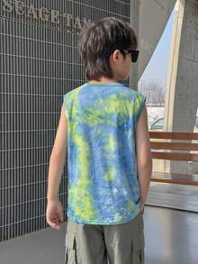 SHEIN Tween Boy Casual Vacation Tie-Dye Coconut Tree Pattern Round Neck Tank Top,Suitable For Commuting,School,Outings,Sports,Spring/Summer, - Blue - View 2