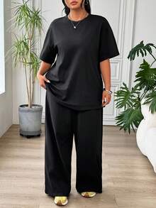 SHEIN EZwear 大码夏季休闲纯色圆领短袖T恤和裤子两件套 - 黑色 - 查看 7