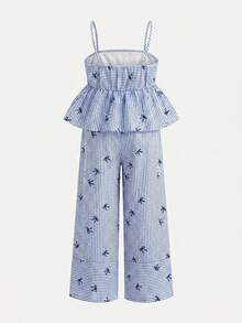 SHEIN Nova Glow 少女度假休闲编织蓝色条纹吊带背心和阔腿裤套装 - 藍白色 - 查看 2