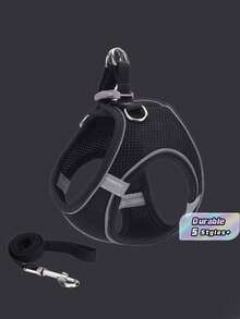 Nuevo set de correa y collar para mascotas de combinación de colores, adecuado para paseos al aire libre de Bulldogs Franceses, hecho de material de malla suave y transpirable, ideal para mascotas pequeñas/medianas, apto para todas las estaciones. - Negro - Ver 1