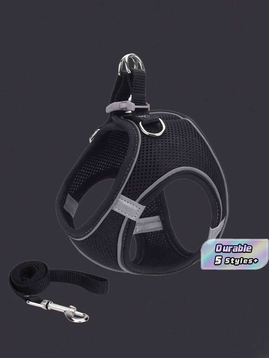 Nuevo set de correa y collar para mascotas de combinación de colores, adecuado para paseos al aire libre de Bulldogs Franceses, hecho de material de malla suave y transpirable, ideal para mascotas pequeñas/medianas, apto para todas las estaciones. - Negro - Ver 1