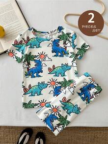 LMoss Kids Bộ đồ ngủ 2 món họa tiết khủng long cho bé trai, gồm áo thun bó sát và quần short. - Nhiều màu - Xem 7