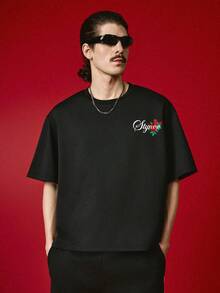 Men's Minimalist And Versatile Short-Sleeved T-Shirt With Round Neck And Letter Print - Army Green - View 2