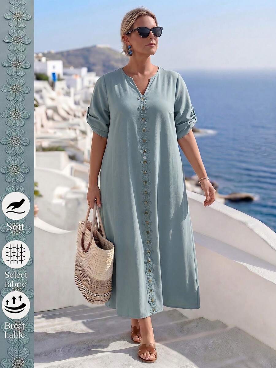 SHEIN LUNE CURVE Plus Size Women Casual Floral Embroidery Pattern Dress For Party Tea Party Vacation Dusty Blue Summer - Green - View 1
