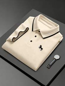 Calvornis Men's Jacquard Collar Embroidered Short Sleeve Casual Polo Shirt, Formal - Apricot - View 2