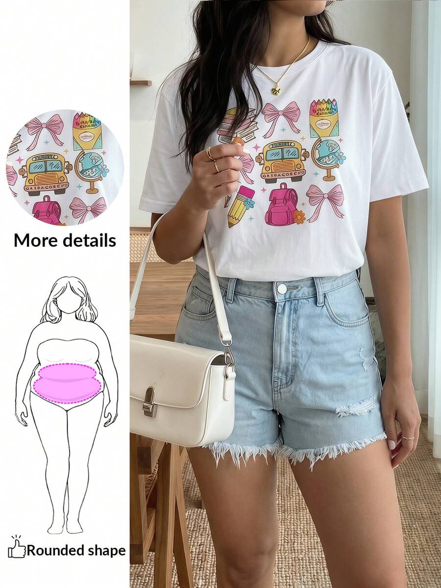 Enliva Plus Size Femei Summer Bowknot Print Decolteu Rotund Mânecă Scurtă Tricou Casual Teuri Grafice Topuri Femei - alb - Vizualizare 1