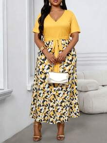 Villa Velisse Plus Size Women V-Neck Tie-Up Patchwork Geometric Print Short Sleeve Dress - Yellow - View 3