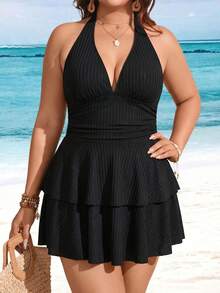 Swim Lushoire Traje de baño de 2 piezas con vestido de falda acampanada con volantes, cuello en V y halter ancho acanalado, talla grande, para primavera/verano 2026 - Negro - Ver 4