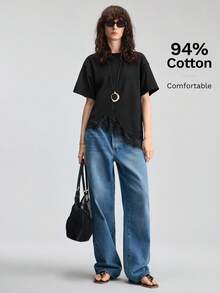 Ontre 2026SS 新款蕾絲拼接女款上衣，寬鬆版型，純黑色 T-shirt，極簡優雅都市現代分線圓領層次設計，女款休閒穿搭，度假、老錢風、茶會、約會、浪漫度假上衣，婚禮賓客服裝，辦公穿搭，教師，返校時尚，百搭女款上衣 - 黑色 - 查看 3