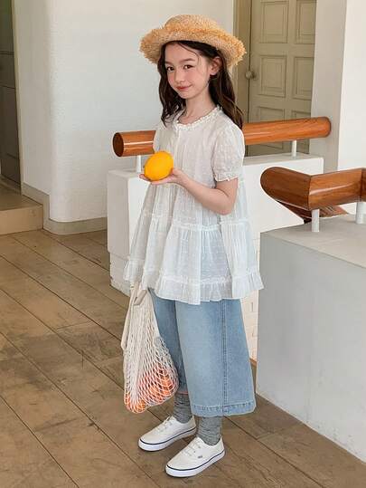 Dazy Kids Áo sơ mi đơn giản, dễ thương, phối ren, dành cho bé gái tuổi teen.