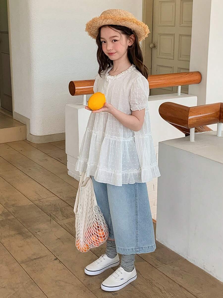 Dazy Kids 少女百搭蕾丝拼接单排扣甜美衬衫 - 白色 - 查看 1