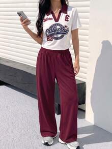 SHEIN 少女V领字母印花短袖T恤和休闲宽松裤套装，适合户外玩耍、与朋友聚会和家庭出游。 - 白色 - 查看 4