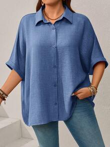 EMERY ROSE Plus Size Women's Solid Color Batwing Sleeve Loose Single-Breasted Casual Shirt,Vacation Outfits Woman,Summer Clothes Fall - Dusty Blue - View 7