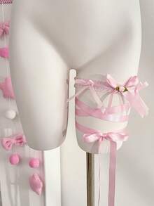 SHEIN Lace Patchwork Bow Leg Garter - Pink - View 1
