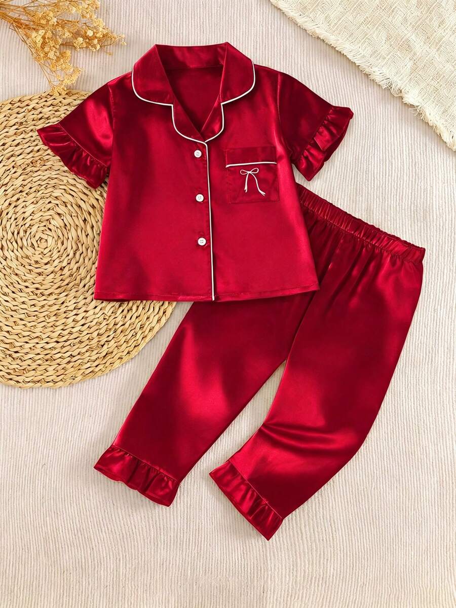 Baby Girls' Colorful Ruffle Trim Bow Embroidery Short Sleeve Top And Pants 2Pcs Pajama Set, Spring/Summer - Red - View 1