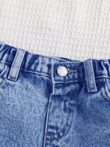 SHEIN Young Girls' Y2K Spring Summer Boho Girls Jeans Shorts ,Washed Casual Distressed Denim Shorts - Medium Wash - View 5