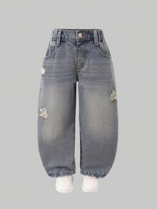 SHEIN Denimly 春夏新款男童淺藍色牛仔寬鬆鬆緊腰長褲，舒適好穿，可搭配簡單T恤或襯衫打造休閒時尚造型，亦有卡通印花款可展現俏皮風格，適合校園、戶外、旅行、家庭活動與派對等多用途穿搭 - 藍色 - 查看 3
