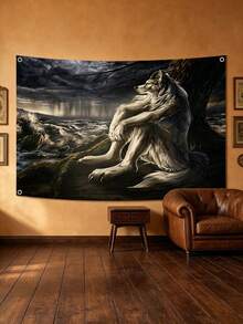 Stylish Sitting White Wolf Design Wall Tapestry, Indoor Aesthetic Decorative Cloth, Bedroom Home Art Decoration - multicolor - View 5