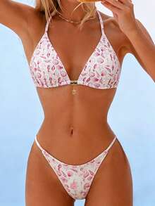 Swim Mod Bộ đồ bơi 2 mảnh dành cho nữ với họa tiết vỏ sò và sao biển ngẫu nhiên, dây buộc cổ, phụ kiện mặt dây chuyền vàng, quần bikini tam giác thông thường với phần lưng nhún, eo có thể điều chỉnh, trang phục đi biển dành cho người lớn. - Nhiều màu - Xem 1