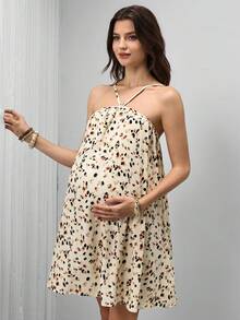 SHEIN 孕婦全印花掛脖迷你洋裝，波希米亞風夏季細肩帶孕婦裙，適合嬰兒洗禮、休閒寬鬆度假海灘穿搭 - 杏色 - 查看 5