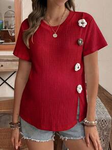 SHEIN Knitted Jacquard Cute Casual Comfortable Floral Decor Short Sleeve Maternity T-Shirt - Red - View 4