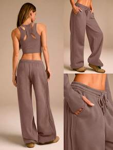 GLOWMODE Everyday Fleece Stay Toasty Soft Warm Lightweight Side Piping Pockets Elastic Waist Drawstring Sweatpants Autumn Winter Daily Casual - Warm Clay - View 9