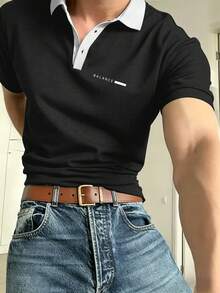 Neovey 男士休闲日常通勤百搭撞色字母印花短袖Polo衫，夏季 - 黑色 - 查看 3