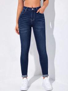 SHEIN Essnce Quần jeans nữ dáng ôm màu xanh dương, đa năng, phù hợp đi làm, dã ngoại và đi nghỉ mát, điểm nhấn là nơ trắng ở gấu quần. - Rửa tối - Xem 5