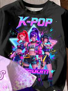 Set de 3 camisetas básicas de manga corta con cuello redondo, estampado de retrato de niña minimalista y degradado colorido, apropiadas para primavera/verano, para niñas preadolescentes - Multicolor - Ver 3
