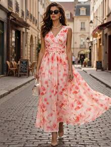 SHEIN LUNE Women V-Neck Floral Print Sleeveless Waist Cinched Elegant Romantic Dress, Blush Pink, Summer, Holiday, Tea Party Vacation, Boho Style, Beach, Wedding - Multicolor - View 5