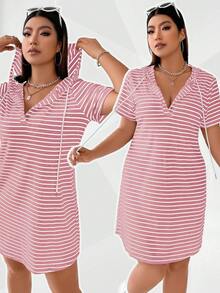 Vionelle Ribbed Hooded Drawstring Casual Dress, Plus Size - Pink - View 6