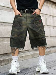 Manfinity EMRG Men's Casual Multi-Pocket Embroidered Cargo Camo Denim Shorts, Street Fashion - Army Green - View 6